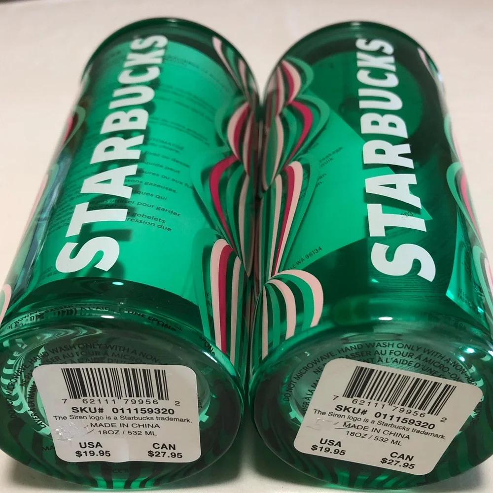 Starbucks (2) NEW Green and Pink Patterned Stripe‎ Ornaments Tumblers.Size 18oz.